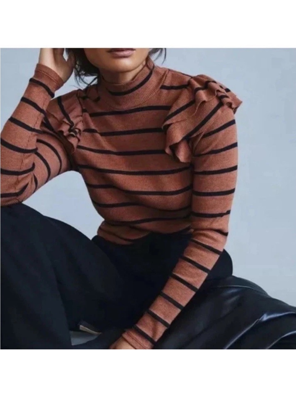 Anthropologie T.La TWomen’s Ruffle Shoulder Striped Sweater - Brown/Black